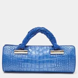 Pre Owned Versace Metallic Blue Croc Embossed Leather Frame Satchel
