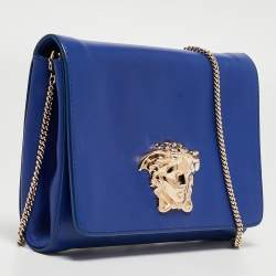 Pre Owned Versace Blue Leather Medusa Palazzo Shoulder Bag
