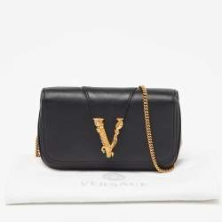 Pre Owned Versace Black Leather Flap Chain Clutch