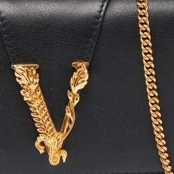 Pre Owned Versace Black Leather Flap Chain Clutch