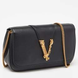 Pre Owned Versace Black Leather Flap Chain Clutch