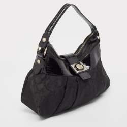 Pre Owned Versace Black Quilted Nylon and Croc Embossed Patent Leather Logo Hobo