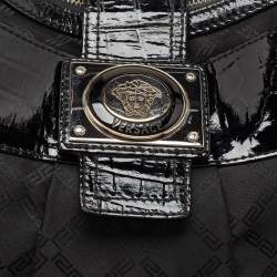 Pre Owned Versace Black Quilted Nylon and Croc Embossed Patent Leather Logo Hobo