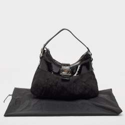 Pre Owned Versace Black Quilted Nylon and Croc Embossed Patent Leather Logo Hobo