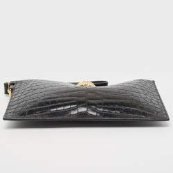 Pre Owned Versace Black Croc Embossed Leather La Medusa Wristlet Pouch