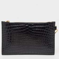 Pre Owned Versace Black Croc Embossed Leather La Medusa Wristlet Pouch