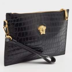 Pre Owned Versace Black Croc Embossed Leather La Medusa Wristlet Pouch