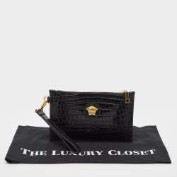 Pre Owned Versace Black Croc Embossed Leather La Medusa Wristlet Pouch