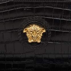 Pre Owned Versace Black Croc Embossed Leather La Medusa Wristlet Pouch