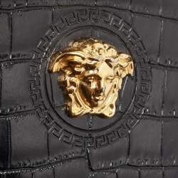 Pre Owned Versace Black Croc Embossed Leather La Medusa Wristlet Pouch