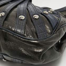 Versace Black/Navy Blue Croc Embossed Leather and Glossy Leather Kiss Lock Satchel