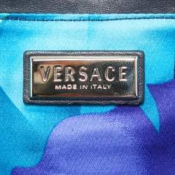 Versace Black/Navy Blue Croc Embossed Leather and Glossy Leather Kiss Lock Satchel