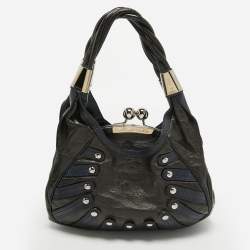 Versace Black/Navy Blue Croc Embossed Leather and Glossy Leather Kiss Lock Satchel