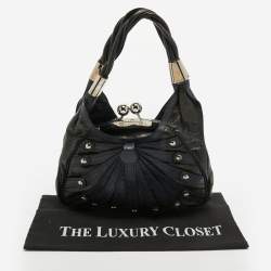 Versace Black/Navy Blue Croc Embossed Leather and Glossy Leather Kiss Lock Satchel
