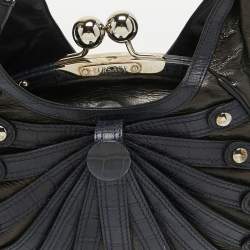 Versace Black/Navy Blue Croc Embossed Leather and Glossy Leather Kiss Lock Satchel