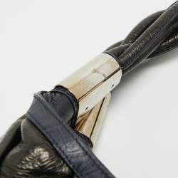 Versace Black/Navy Blue Croc Embossed Leather and Glossy Leather Kiss Lock Satchel