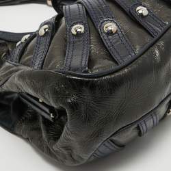 Versace Black/Navy Blue Croc Embossed Leather and Glossy Leather Kiss Lock Satchel