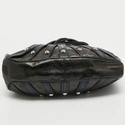 Versace Black/Navy Blue Croc Embossed Leather and Glossy Leather Kiss Lock Satchel