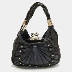 Versace Black/Navy Blue Croc Embossed Leather and Glossy Leather Kiss Lock Satchel
