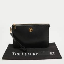 Pre Owned Versace Black Leather Medusa Head Wristlet Clutch