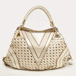 Pre Owned Versace Gold Woven Leather V Crystals Bag