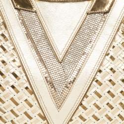 Pre Owned Versace Gold Woven Leather V Crystals Bag