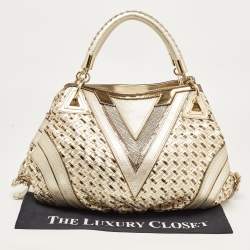 Pre Owned Versace Gold Woven Leather V Crystals Bag