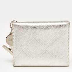 Versace Silver Embossed Leather V Charm Trifold Wallet