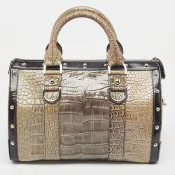 Versace Black/Beige Croc Embossed and Patent Leather Studded Madonna Satchel