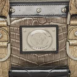 Versace Black/Beige Croc Embossed and Patent Leather Studded Madonna Satchel