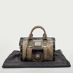 Versace Black/Beige Croc Embossed and Patent Leather Studded Madonna Satchel
