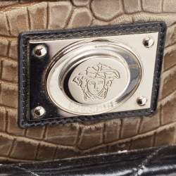 Versace Black/Beige Croc Embossed and Patent Leather Studded Madonna Satchel