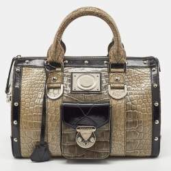Versace Black/Beige Croc Embossed and Patent Leather Studded Madonna Satchel