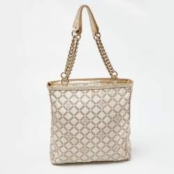 Pre Owned Versace Gold Monogram Fabric and Leather Medusa Chain Tote