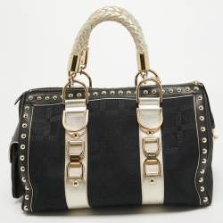 Versace Black/Gold Signature Fabric and Leather Studded Snap Out Of It Satchel
