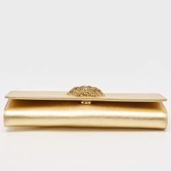 Pre Owned Versace Gold Leather Medusa Icon Crystals Chain Clutch