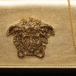 Pre Owned Versace Gold Leather Medusa Icon Crystals Chain Clutch