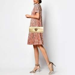Pre Owned Versace Gold Leather Medusa Icon Crystals Chain Clutch