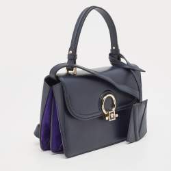 Versace Navy Blue Leather and Suede DV One Top Handle Bag