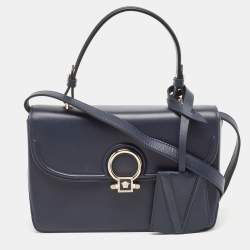 Versace Navy Blue Leather and Suede DV One Top Handle Bag