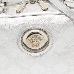 Pre Owned Versace Silver Monogram Embossed Leather Multi Pocket Medusa Satchel