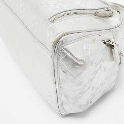 Pre Owned Versace Silver Monogram Embossed Leather Multi Pocket Medusa Satchel