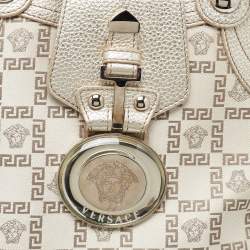 Versace Gold Monogram Fabric and Leather Medusa Flap Hobo