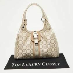 Versace Beige Metallic Gold Monogram Canvas, Leather and Suede Satchel