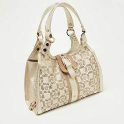Versace Beige Metallic Gold Monogram Canvas, Leather and Suede Satchel