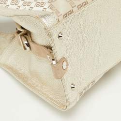 Versace Beige Metallic Gold Monogram Canvas, Leather and Suede Satchel