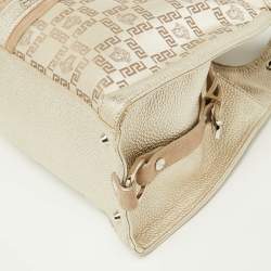 Versace Beige Metallic Gold Monogram Canvas, Leather and Suede Satchel