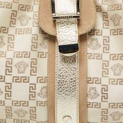 Versace Beige Metallic Gold Monogram Canvas, Leather and Suede Satchel