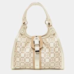 Versace Beige Metallic Gold Monogram Canvas, Leather and Suede Satchel