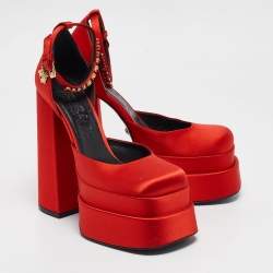 Versace Red Satin Platform Ankle Strap Sandals Size 39.5